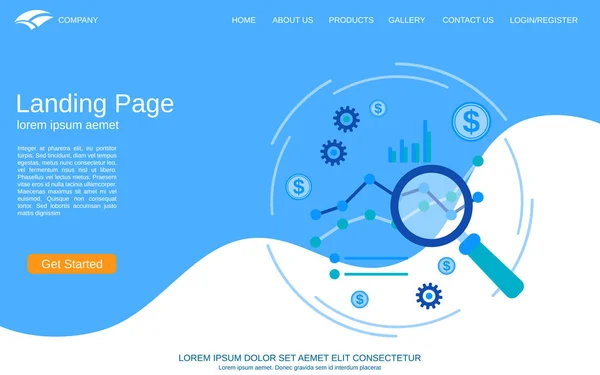 Modelo Vetor Landing Page Site Fundo Azul Branco Com Ilustração —  Vetores de Stock