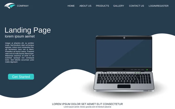 ウェブサイト ランディング ページ デザイン テンプレートです ノート パソコンのイラストが青白のベクトルの背景 — ストックベクタ