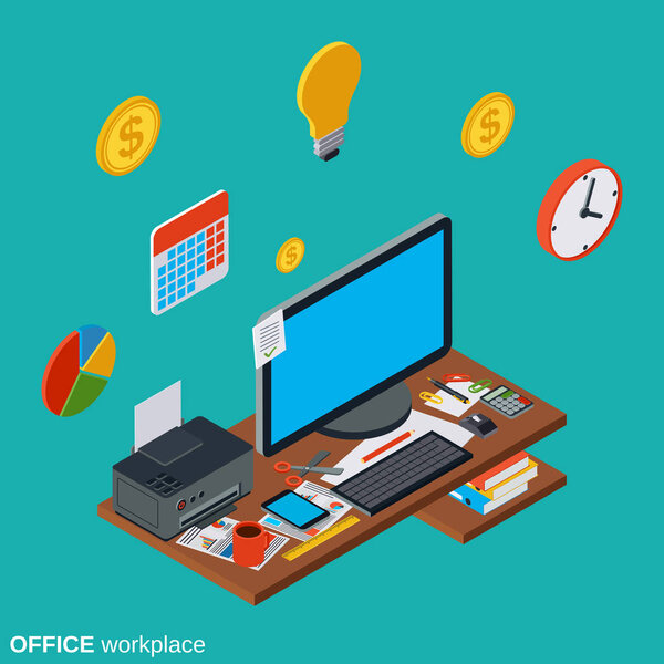 Computer office workplace flat 3d isometric vector concept illustration
