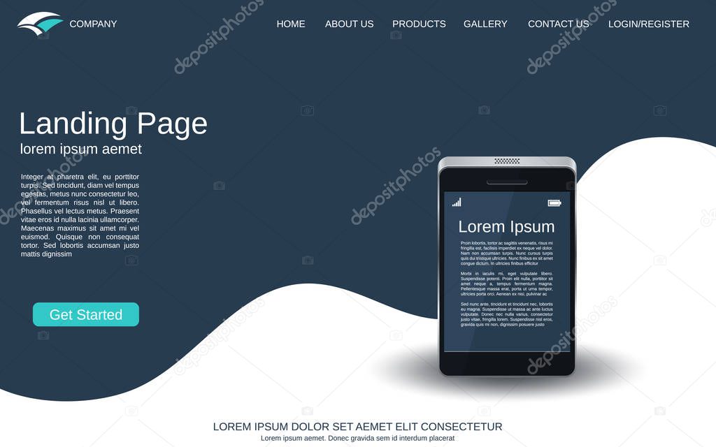 Website landing page vector template. Abstract vector background with smartphone realistic icon