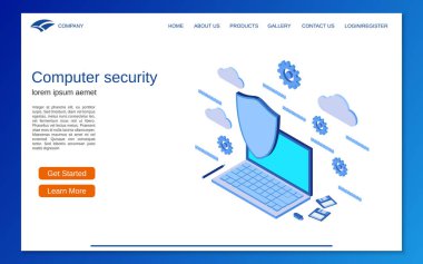Bilgisayar güvenliği, bilgi koruma düz 3d izometrik vektör konsept illüstrasyon. Web sitesi açılış sayfası tasarım şablonu