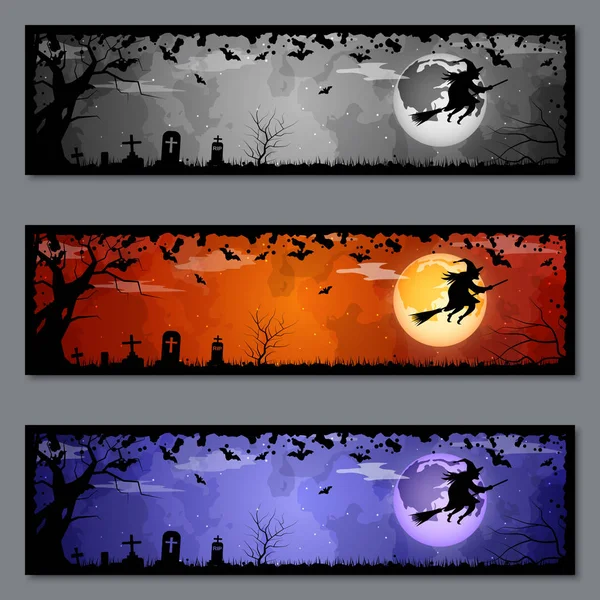 Halloween Colorido Horizontal Banners Coleção Modelos Vetoriais — Vetor de Stock