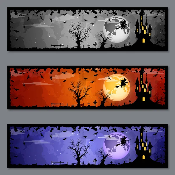 Halloween Colorido Horizontal Banners Coleção Modelos Vetoriais — Vetor de Stock