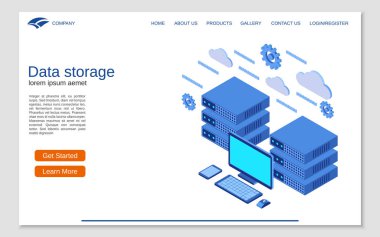 Web sunucusu düz 3d izometrik konsept illüstrasyon vektör. Web sitesi açılış sayfası vektör şablonu 