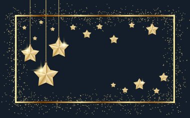 Neşeli Noel ve mutlu yeni yıl siyah arka plan ile altın yıldız vektör