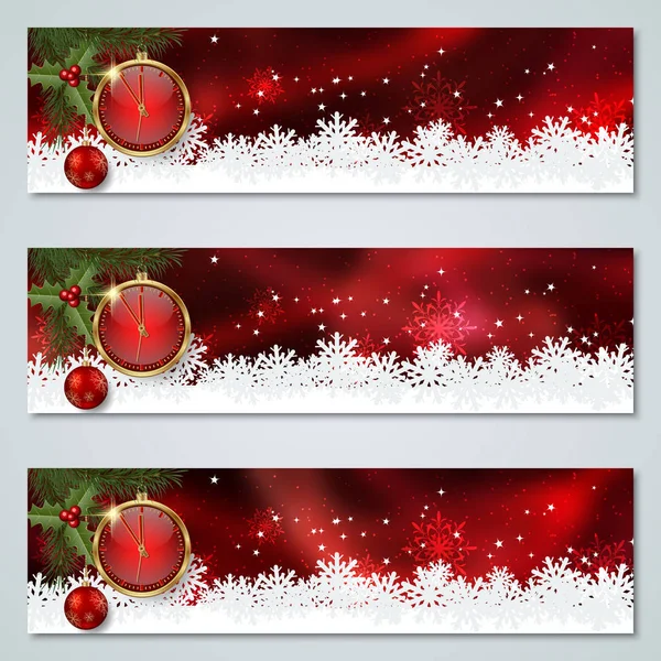 Natal Ano Novo Coleção Banners Vetoriais Horizontais Vermelhos — Vetor de Stock