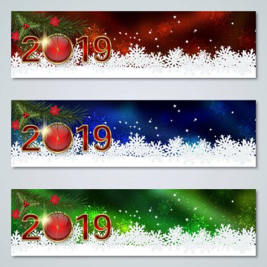 Noel ve yeni yıl 2019 yatay renkli vektör afiş koleksiyonu