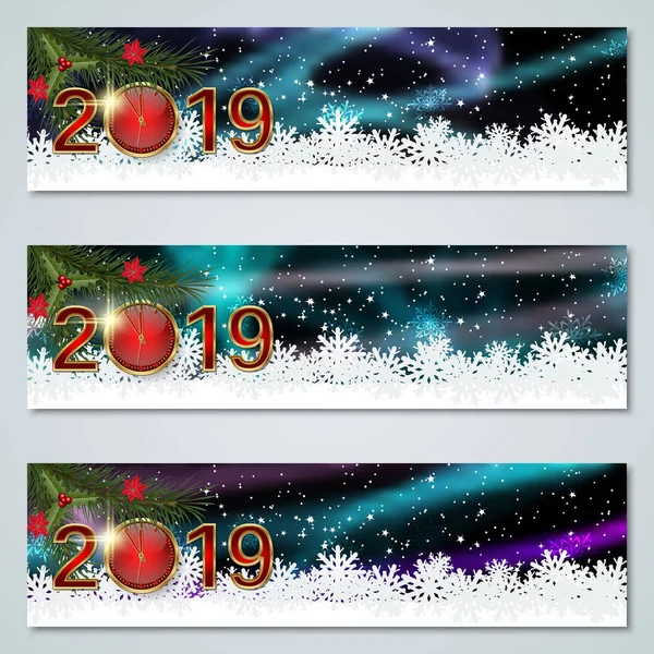 Weihnachten Und Neujahr 2019 Horizontal Bunte Vektorbanner Kollektion — Stockvektor