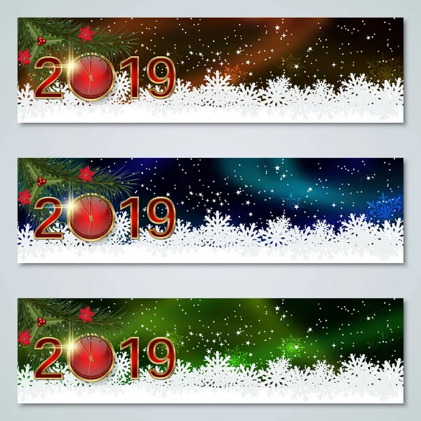 Christmas New Year 2019 Horizontal Colorful Vector Banners Collection — Stock Vector