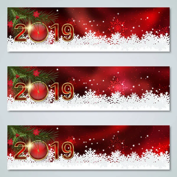 Christmas New Year 2019 Horizontal Vector Banners Collection — Stock Vector