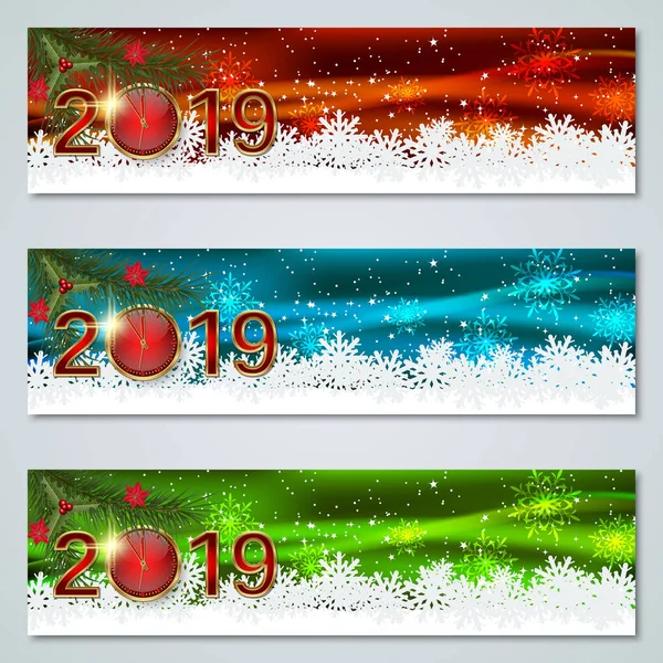 Christmas New Year 2019 Horizontal Colorful Vector Banners Collection — Stock Vector