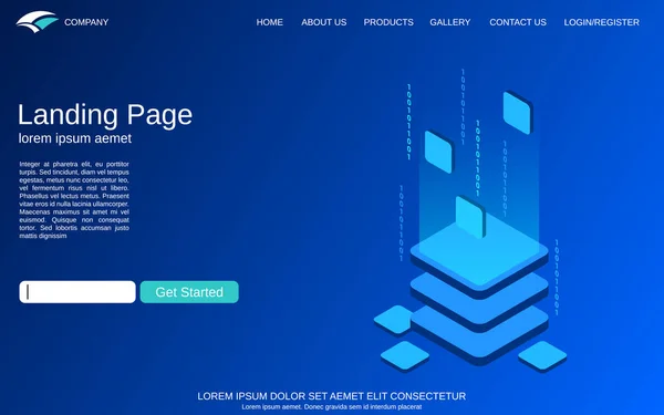 Website Landing Vector Paginasjabloon Blauwe Achtergrond Met Digitale Technologie Isometrische — Stockvector