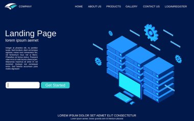 Website landing page vector template. Blue background with web server flat 3d isometric concept illustration
