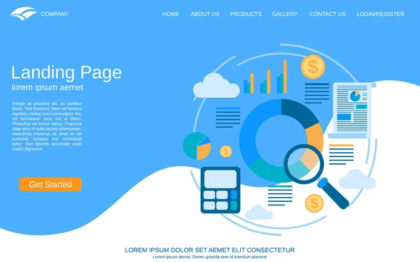 Modelo Vetor Landing Page Site Fundo Azul Branco Com Ilustração —  Vetores de Stock