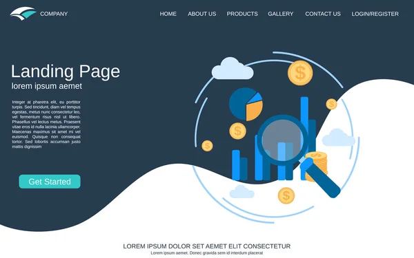 Modelo Vetor Landing Page Site Fundo Azul Branco Com Ilustração —  Vetores de Stock
