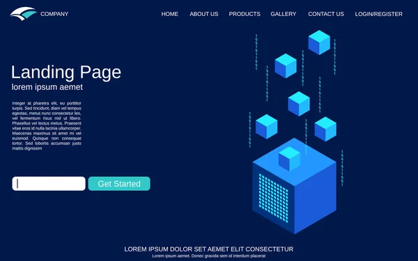 ウェブサイト リンク先ページ ベクトル テンプレート デジタル技術等尺性の概念図と青色の背景色 Web ページ バナーおよびアプリケーションを設計します — ストックベクタ