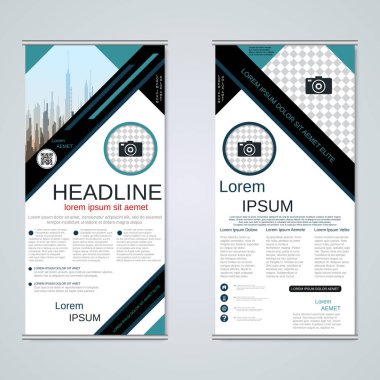 Modern roll-up soyut geometrik tarzı iş afiş, el ilanı iki taraflı vektör tasarım şablonu