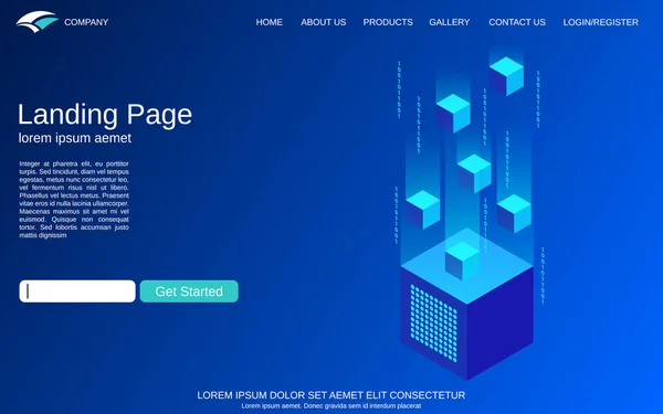 Web sitesi açılış sayfası vektör şablonu. Dijital teknoloji izometrik konsept illüstrasyon mavi artalanla. Tasarım için Web sayfası, afiş ve uygulama