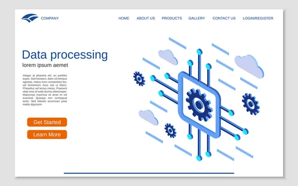 データ処理 クラウド コンピューティングのフラット 3次元等尺性の概念図 ウェブサイト リンク先ページ ベクトル テンプレート — ストックベクタ