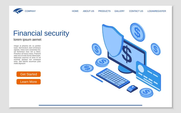 Ekonomisk Säkerhet Internetbank Pengar Skydd Platt Isometrisk Vektor Koncept Webbplats — Stock vektor