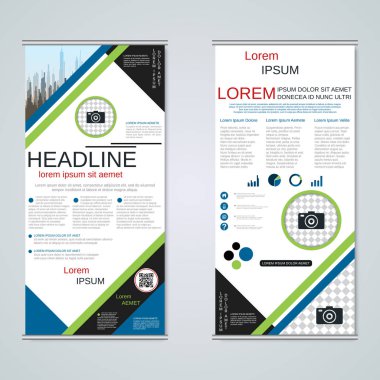 Modern roll-up soyut geometrik tarzı iş afiş, el ilanı iki taraflı vektör tasarım şablonu