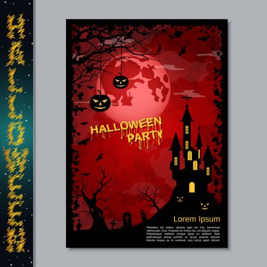 Halloween gece el ilanı, broşür, poster, davetiye kartı vektör tasarım şablonu. A4 boyutunda