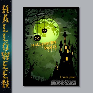 Halloween gece el ilanı, broşür, poster, davetiye kartı vektör tasarım şablonu. A4 boyutunda