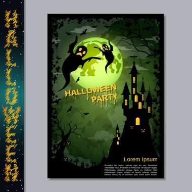 Halloween gece el ilanı, broşür, poster, davetiye kartı vektör tasarım şablonu. A4 boyutunda