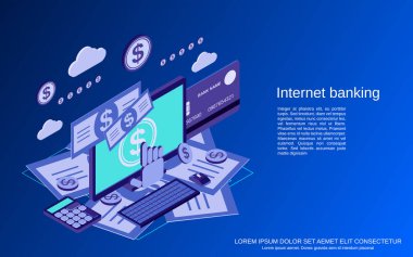 İnternet bankacılığı, para transferi, finansal işlem düz 3d izometrik vektör çizimi