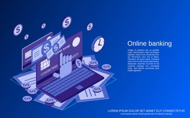 Çevrimiçi bankacılık, para transferi, finansal işlem düz 3d izometrik vektör çizimi