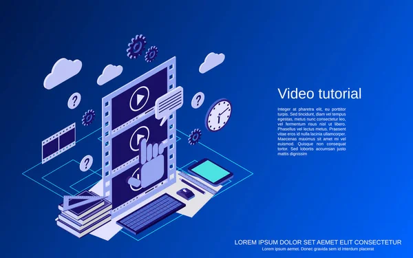 Tutoriel Vidéo Learning Éducation Ligne Guide Utilisateur Illustration Vectorielle Isométrique — Image vectorielle