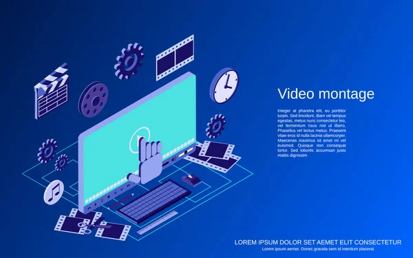 Production Vidéo Montage Montage Plat Isométrique Vecteur Concept Illustration — Image vectorielle