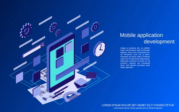 Mobile Application Development Program Coding Flat Isometric Vector Concept Illustration — Stock Vector