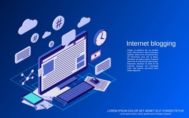 İnternet günlüğü, blog yönetimi, web yayını düz izometrik vektör konsepti çizimi
