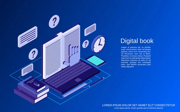 Digital Bok Online Bibliotek Utbildning Läsning Platt Isometrisk Vektor Begrepp — Stock vektor