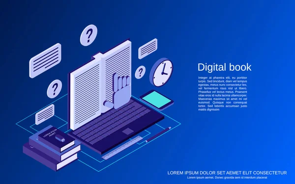 Livre Numérique Bibliothèque Ligne Éducation Lecture Plat Isométrique Vecteur Concept — Image vectorielle