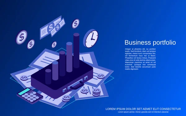 Cartera Negocios Estadísticas Financieras Análisis Gestión Plana Vector Isométrico Concepto — Archivo Imágenes Vectoriales