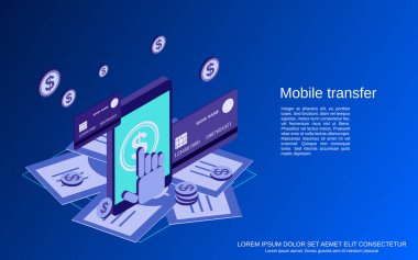 Mobil para transferi, ödeme, çevrimiçi bankacılık, finansal işlem düz izometrik vektör çizimi