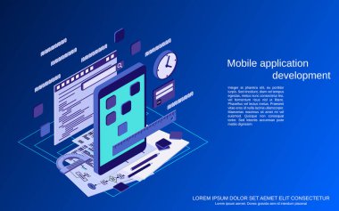 Mobile application development, program coding flat 3d isometric vector concept illustration clipart svg vector 