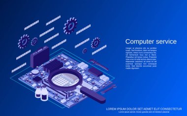 Bilgisayar servisi, onarım, ilk yardım düz 3d izometrik vektör çizimi