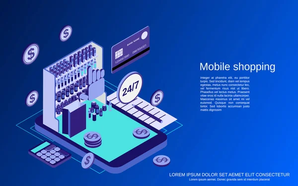 Compras Móviles Línea Plana Concepto Vector Isométrico Ilustración — Archivo Imágenes Vectoriales