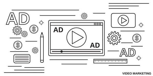 视频营销 促销细线艺术风格矢量概念图解 — 图库矢量图片