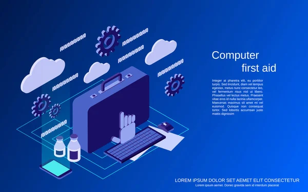 コンピュータサービス 技術サポート 応急処置フラット3D等角ベクトルコンセプトイラスト — ストックベクタ