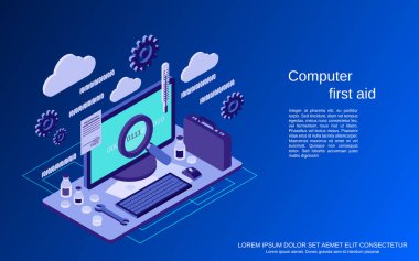 Bilgisayar servisi, onarım, teknik destek, ilk yardım düz 3d izometrik vektör çizimi