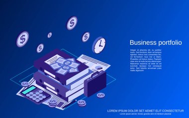 İş portföyü, mali istatistik, analiz, yönetim dairesi 3d izometrik vektör çizimi