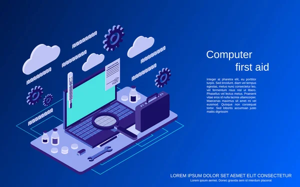 Servicio Informático Reparación Soporte Técnico Primeros Auxilios Plano Vector Isométrico — Vector de stock