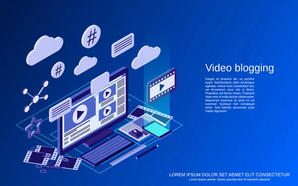 Video Blogging Plano Vector Isométrico Concepto Ilustración — Archivo Imágenes Vectoriales