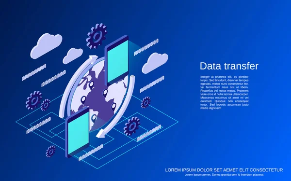 Transferencia Datos Computación Nube Plana Concepto Vector Isométrico Ilustración — Vector de stock
