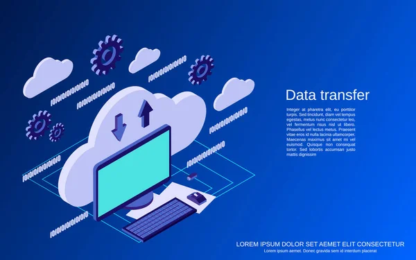 Datentransfer Cloud Computing Flache Isometrische Vektorkonzepte Illustration — Stockvektor