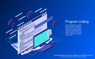 Uygulama geliştirme, program kodlama, yazılım testi düz izometrik vektör konsepti çizimi